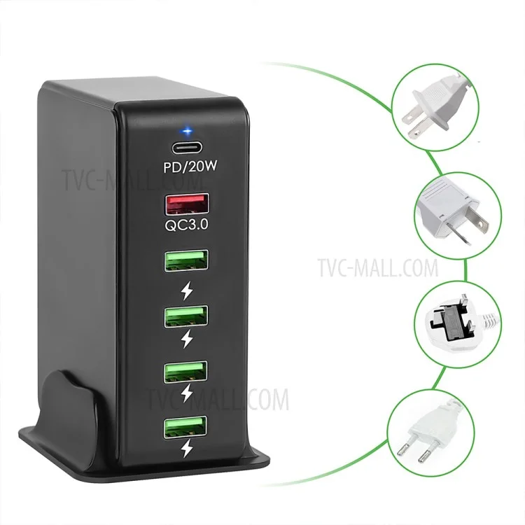 Wall Charger 6-in-1 6-Port Charging Multi Port Cube Quick Charger Block with Non-Slip Base - Black / US Plug