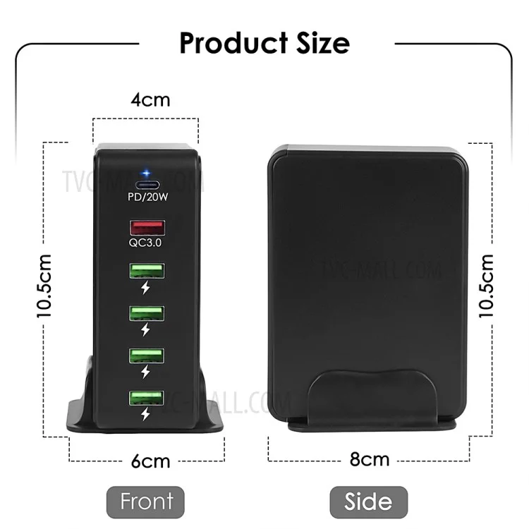 Chargeur Mural 6-en-1 Bloc de Chargeur Rapide de Charge Multiport à 6 Ports Avec Base Non Glissée - Noir / Plug