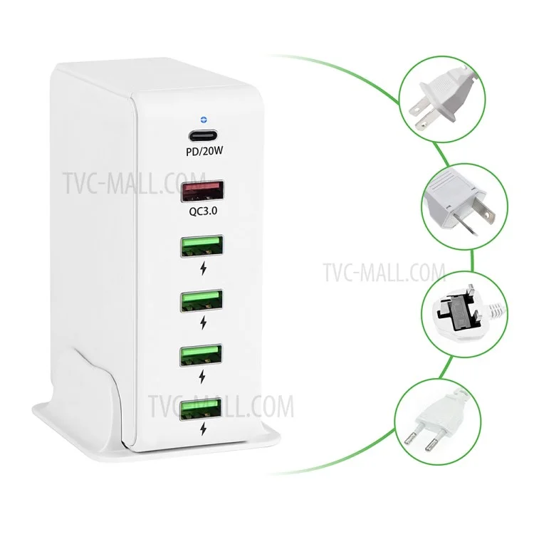 Cargador de pared de 6 en 1 con 6 puertos de carga, cargador múltiple con base antideslizante - Blanco / Enchufe AU