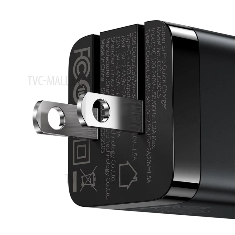 BASEUS Super Si Pro Type-C + USB Quick Charger Travel Dual Port Charging Block 30W - US Plug / Black