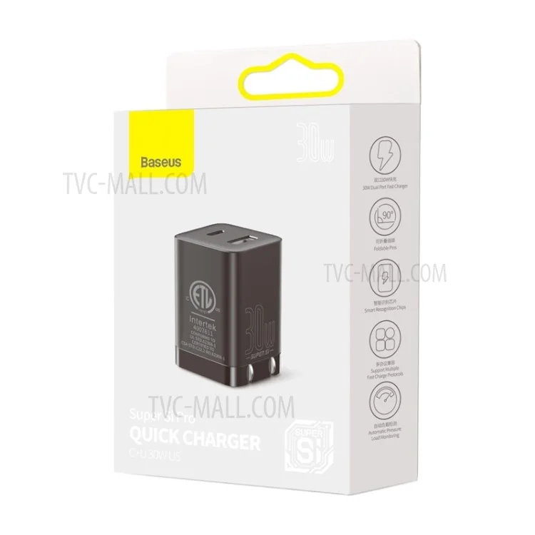 BASEUS Super Si Pro Type-C + USB Quick Charger Travel Dual Port Charging Block 30W - US Plug / Black