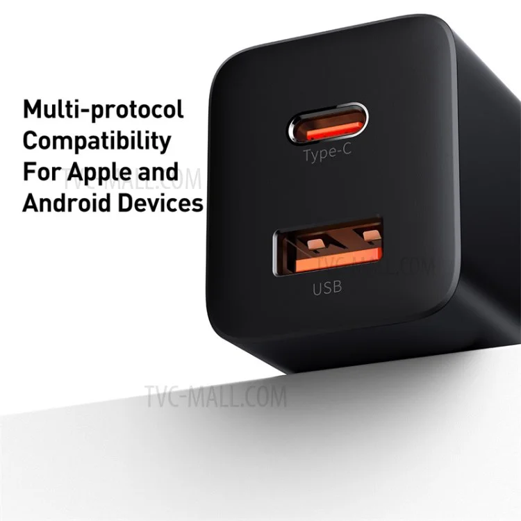 BASEUS Super Si Pro Type-C + USB Quick Charger Travel Dual Port Charging Block 30W - US Plug / Black