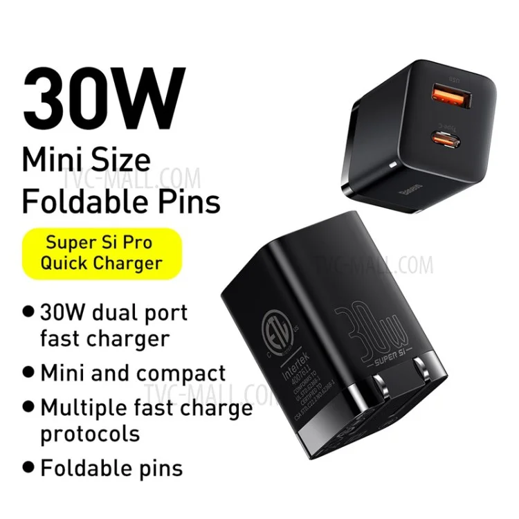 BASEUS Super Si Pro Type-C + USB Quick Charger Travel Dual Port Charging Block 30W - US Plug / Black