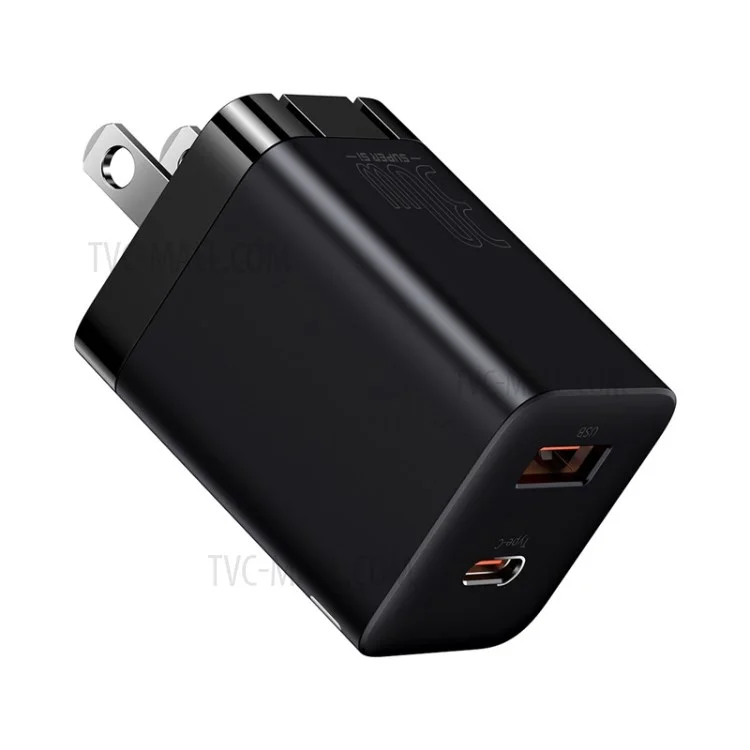 BASEUS Super Si Pro Type-C + USB Quick Charger Travel Dual Port Charging Block 30W - US Plug / Black