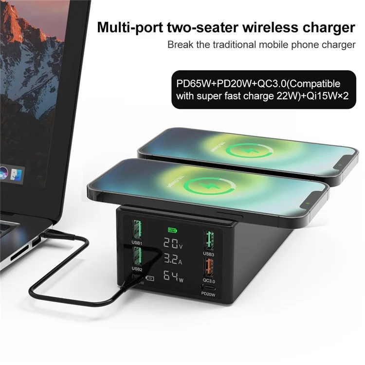 HHW-888W Dalage de Charge Sans Fil Double Wire USB-A USB-C QC3.0 PD Charger Hub Affichage Téléphone Tablet Tablette Ordinateur Portable Station de Charge Rapide - Plug Black / us