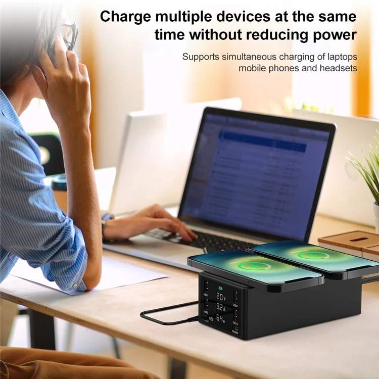 HHW-888W Dalage de Charge Sans Fil Double Wire USB-A USB-C QC3.0 PD Charger Hub Affichage Téléphone Tablet Tablette Ordinateur Portable Station de Charge Rapide - Plug Black / us