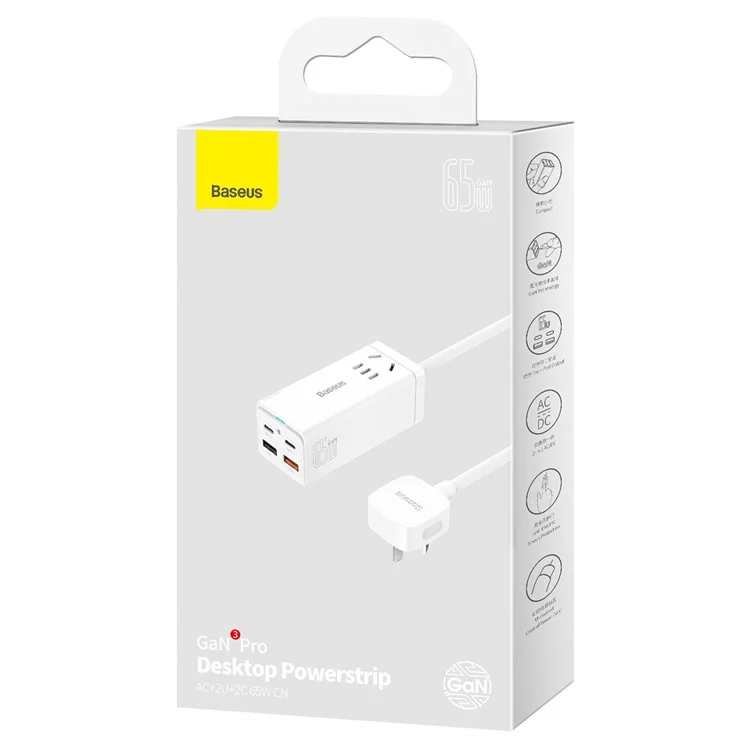 Baseus Gan3 Pro Desktop Powerstrip AC+2 USB+2 Порты Type-C 65 вт Plug Power Power с 1m Type-C к Кабелю Type-C - Белый