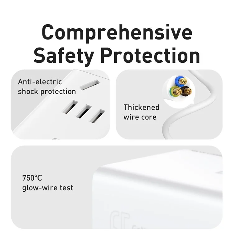 Baseus Gan3 Pro Desktop Powerstrip AC+2 USB+2 Порты Type-C 65 вт Plug Power Power с 1m Type-C к Кабелю Type-C - Белый
