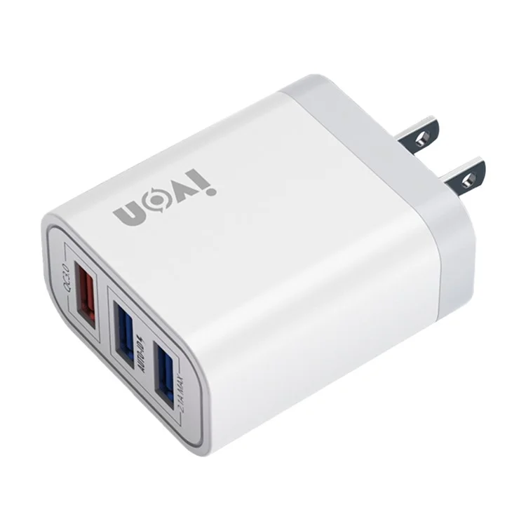 IVON AD37 For iPhone Xiaomi Huawei OPPO 3 USB Ports Quick Charge 3.0 Fast Charge Charger Travel Power Adapter, US Plug