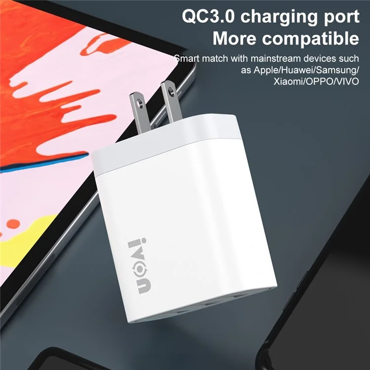 IVON AD37 Pour Iphone Xiaomi Huawei Oppo 3 Ports USB Charge Rapide 3.0 Fast Charge Charger Travel Power Adaptateur, US Plig