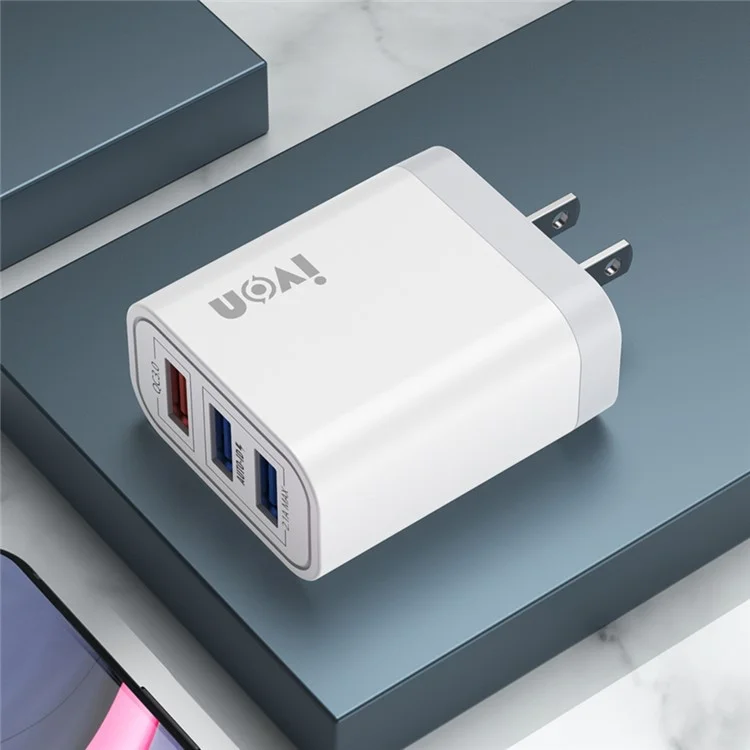 IVON AD37 Pour Iphone Xiaomi Huawei Oppo 3 Ports USB Charge Rapide 3.0 Fast Charge Charger Travel Power Adaptateur, US Plig