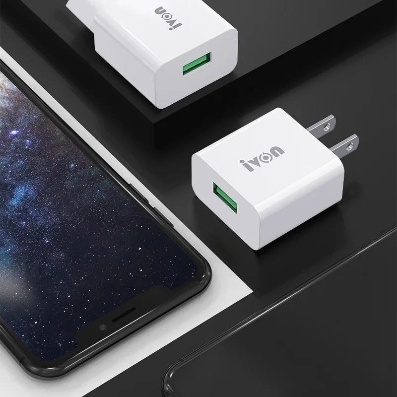 IVON AD-35 3A High Current Fast Charger Travel Power Adapter QC3.0 USB Wall Charger + 1m Micro USB Data Cable - US Plug