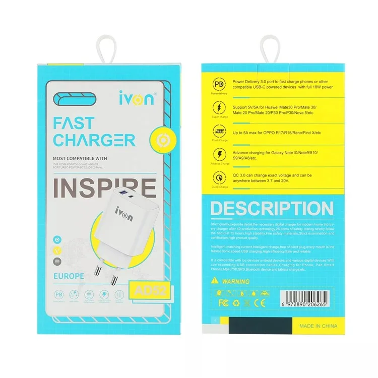 Ivon AD52 Portable 18W PD Зарядное Устройство Type-C + USB Dual Port Adapter Power Adapter - ес