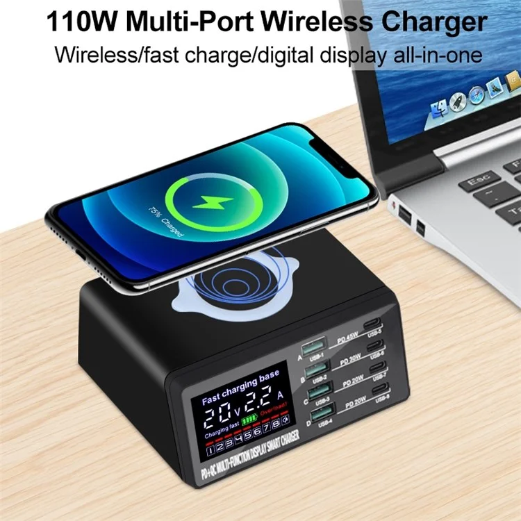 X9D 110W Usb + pd Smart Multipt Carder + Беспроводное Зарядное Устройство Для Iphone Ipad AC100-240V Станция Зарядки Против Скольжения - au Plug