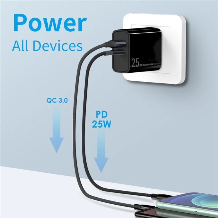 Northjo NOPD250602AU USB QC3.0 + Type-C PD 25W Adaptateur de Charge Rapide Chargeur Mural à Double Port - Plug / Noir