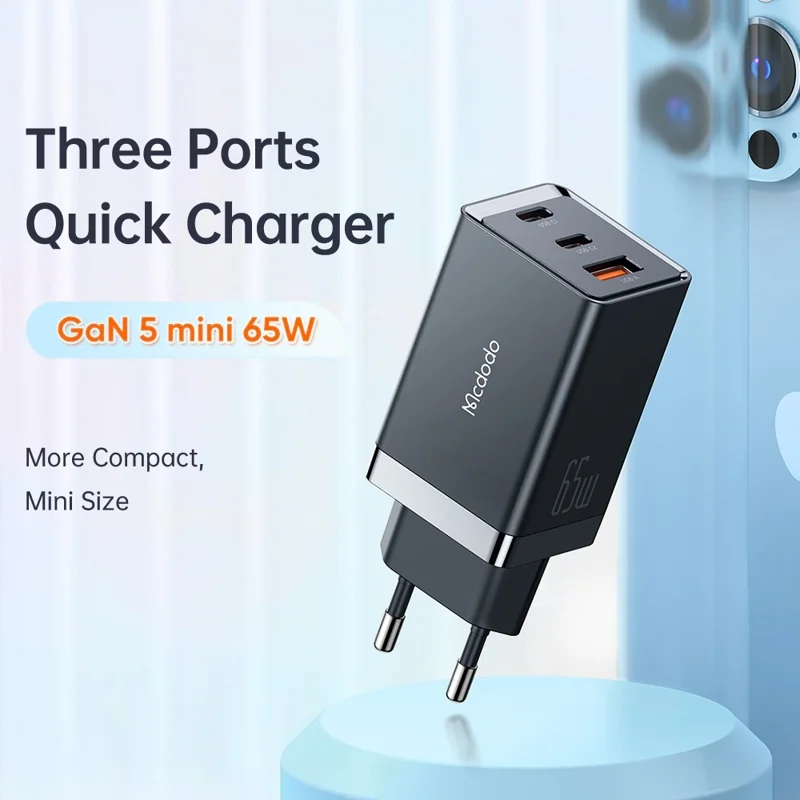 MCDODO MDD 65W GaN5 Mini Fast Charger USB + Dual Type-C Travel Power Adapter - EU Plug