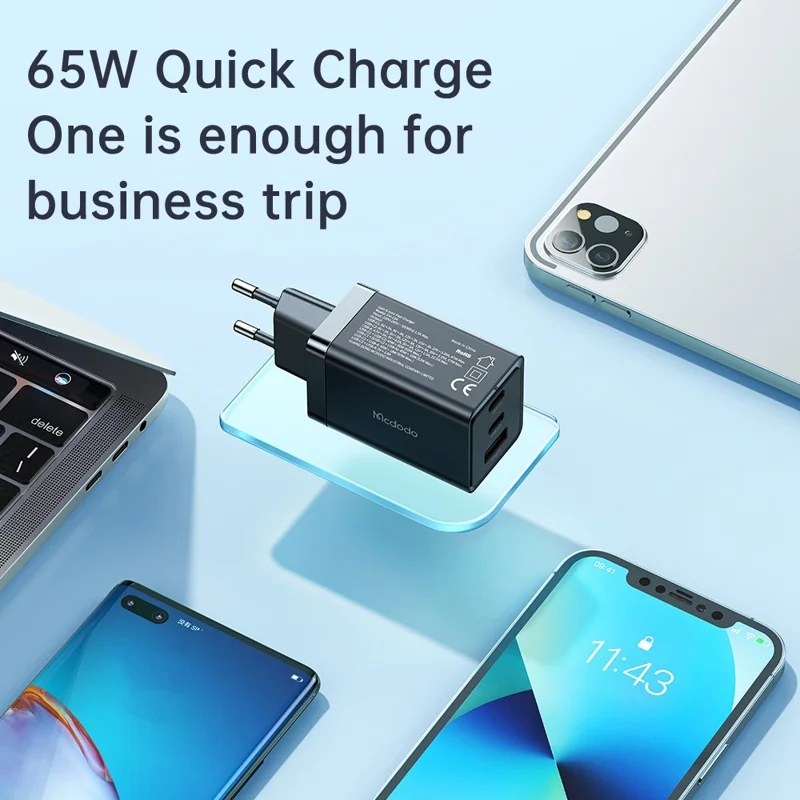 MCDODO MDD 65W GaN5 Mini Fast Charger USB + Dual Type-C Travel Power Adapter - EU Plug