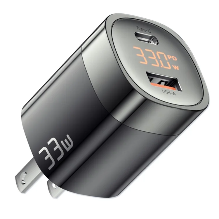 ESSAGER 33W Cargo Rápido Adaptador de Energía GaN USB-A + Tipo-c Cargador de Doble Puerto Con Pantalla Digital - Enchufe de Ee. Uu. / Negro