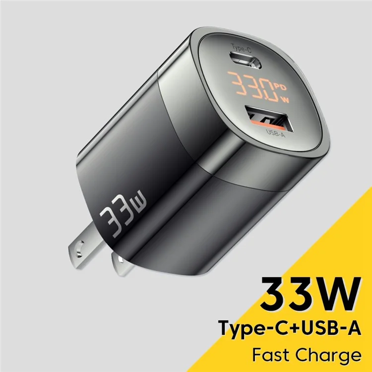 ESSAGER 33W Cargo Rápido Adaptador de Energía GaN USB-A + Tipo-c Cargador de Doble Puerto Con Pantalla Digital - Enchufe de Ee. Uu. / Negro