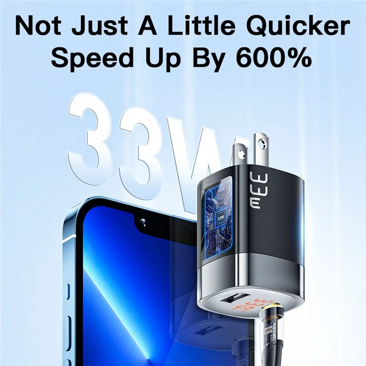 ESSAGER 33W Cargo Rápido Adaptador de Energía GaN USB-A + Tipo-c Cargador de Doble Puerto Con Pantalla Digital - Enchufe de Ee. Uu. / Negro