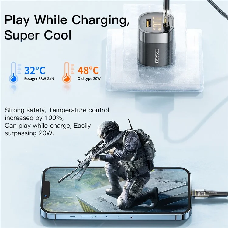 ESSAGER 33W Cargo Rápido Adaptador de Energía GaN USB-A + Tipo-c Cargador de Doble Puerto Con Pantalla Digital - Enchufe de Ee. Uu. / Negro