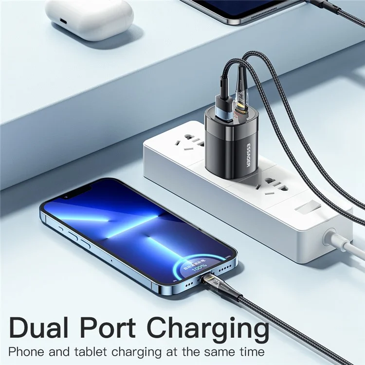 ESSAGER 33W Cargo Rápido Adaptador de Energía GaN USB-A + Tipo-c Cargador de Doble Puerto Con Pantalla Digital - Enchufe de Ee. Uu. / Negro