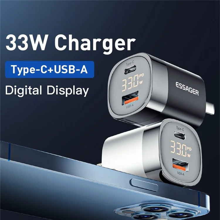 ESSAGER 33W Cargo Rápido Adaptador de Energía GaN USB-A + Tipo-c Cargador de Doble Puerto Con Pantalla Digital - Enchufe de Ee. Uu. / Negro