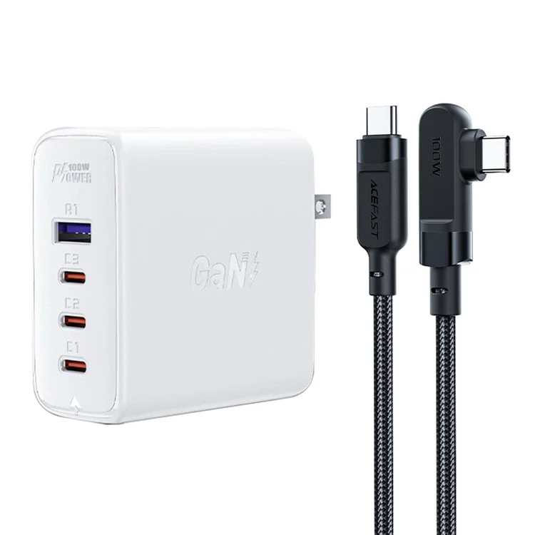Acefast A39 PD100W Gan Wall Charger Set 3xusb C+1xusb A Puertos QC3.0 Adaptador de Entrega de Energía de Carga Rápida de Carga Con Cable (enchufe de Ee. Uu.) - Blanco