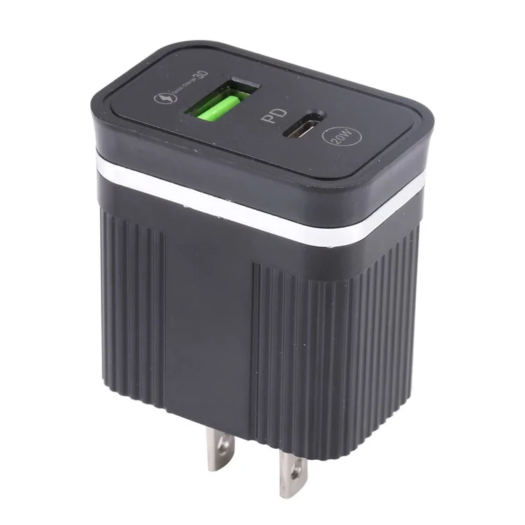 46-A2C2 20W PD + QC3.0 USB Fast Charger Type-C / USB-A Dual Port Power Adapter - Plugue EUA / Preto