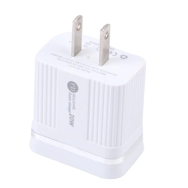 46-A2C2 20W PD + QC3.0 USB Carregador Rápido Tipo-C / USB-A Dual Port Adaptador de Energia - Plugue EUA / Branco