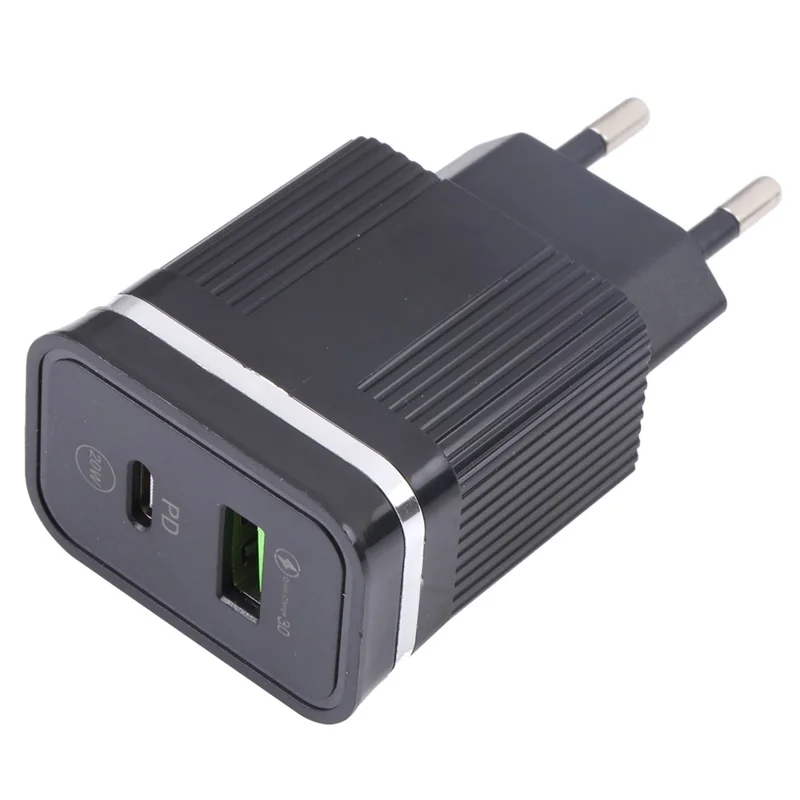 46-A2C2 20W PD + QC3.0 USB Fast Charger Type-C / USB-A Dual Port Power Adapter - EU Plug / Black