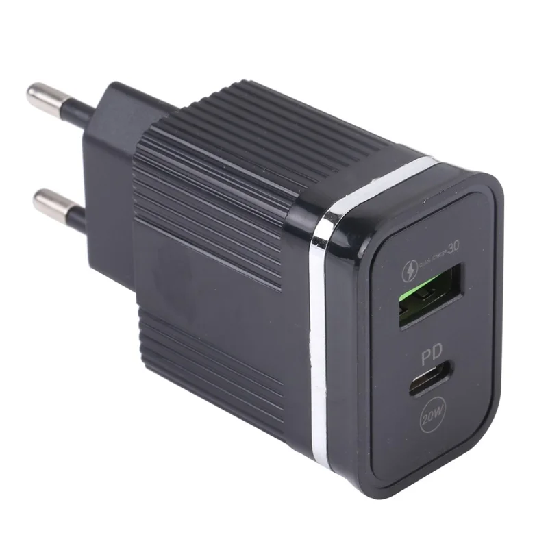 46-A2C2 20W PD + QC3.0 USB Fast Charger Type-C / USB-A Dual Port Power Adapter - EU Plug / Black