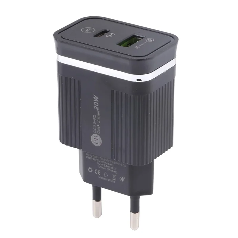 46-A2C2 20W PD + QC3.0 USB Fast Charger Type-C / USB-A Dual Port Power Adapter - EU Plug / Black