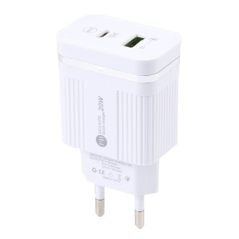 46-A2C2 20W PD + QC3.0 USB Fast Charger Type-C / USB-A Dual Port Power Adapter - EU Plug / White