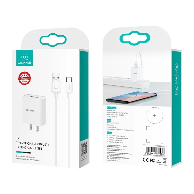 USAMS T21 Fast Charger Adapter Portable Wall Charger Block Mini Travel Charger Set mit Type-C-Kabel für Samsung, Huawei (US-Stecker)