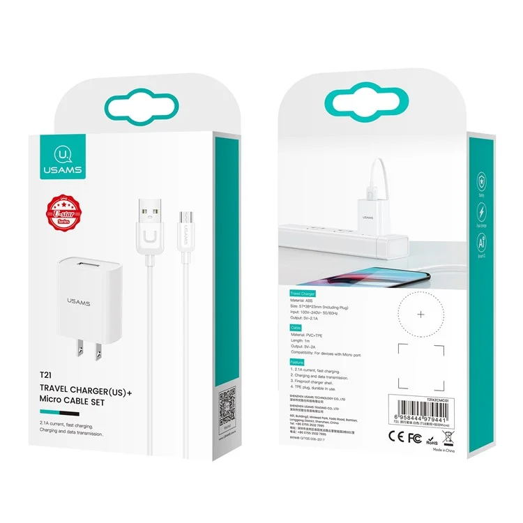 USAMS T21 Chargeur de Mur de Voyage USB Port USB US Adaptateur D'alimentation de Fiche Avec Micro Câble - Blanche