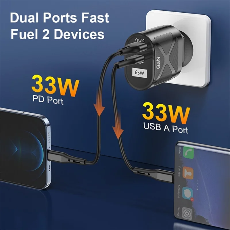 UD7568 PD+QC Fast Charging Charger Type-C + USB-A Power Adapter for Phone Tablet - Black / AU Plug