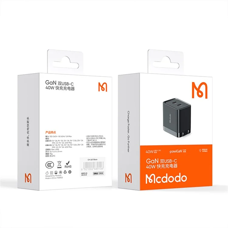 MCDODO MDD 40W GAN Dual Type-C Adaptateur de chargeur mural rapide pour téléphone portable et tablette - Prise CN