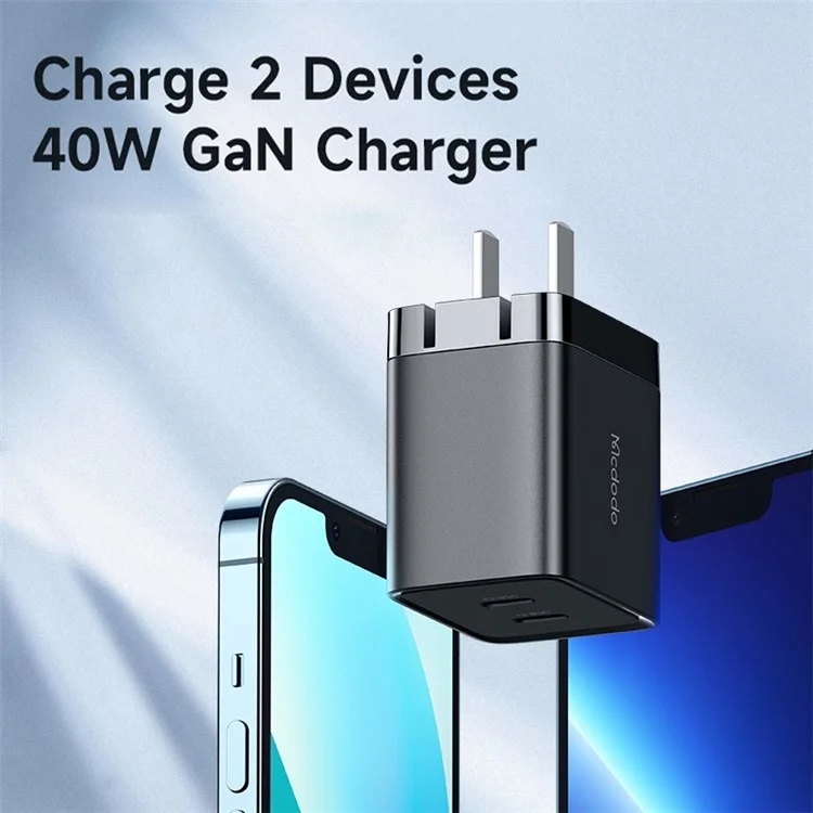 MCDODO MDD 40W GAN Dual Type-C Adaptateur de chargeur mural rapide pour téléphone portable et tablette - Prise CN