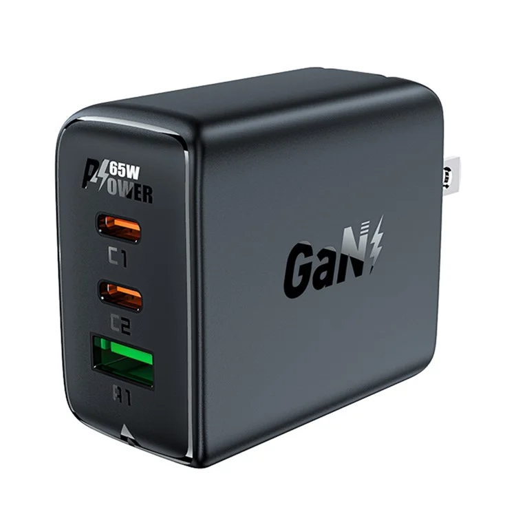 ACEFAST A43 PD 65W Portable GaN Charger 2 Type-C + USB-A Power Adapter, US Plug - Black
