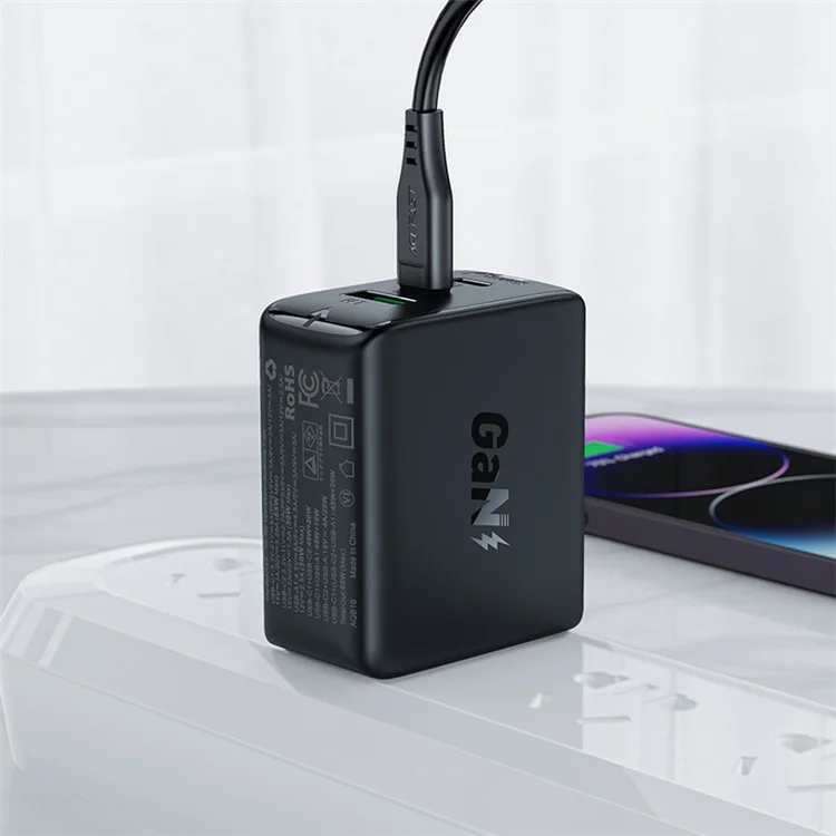 ACEFAST A43 PD 65W Portable GaN Charger 2 Type-C + USB-A Power Adapter, US Plug - Black