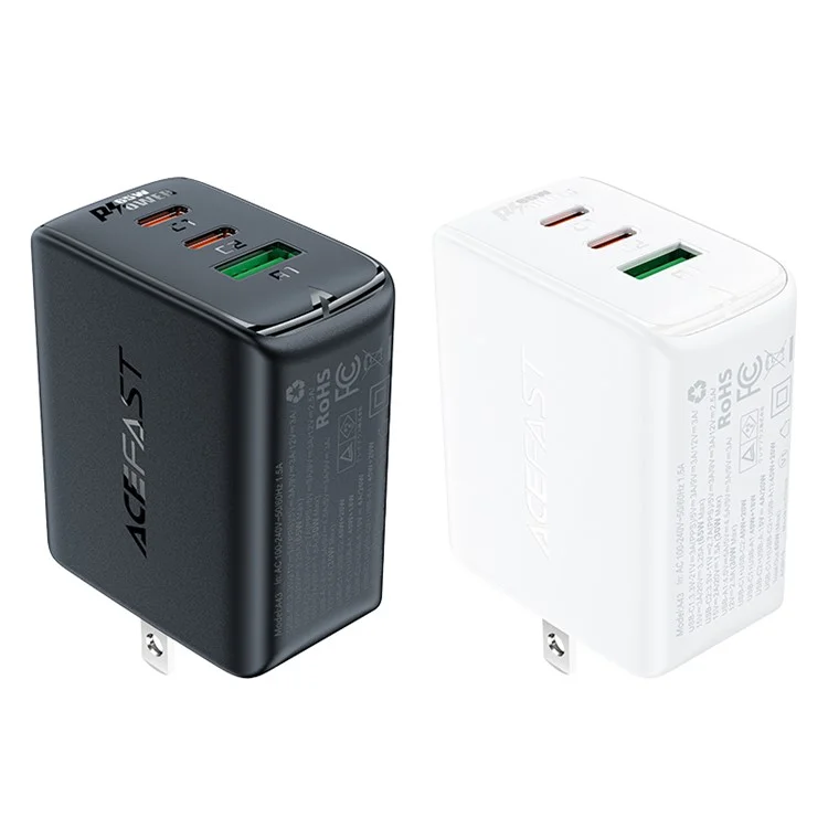 ACEFAST A43 PD 65W Portable GaN Charger 2 Type-C + USB-A Power Adapter, US Plug - Black