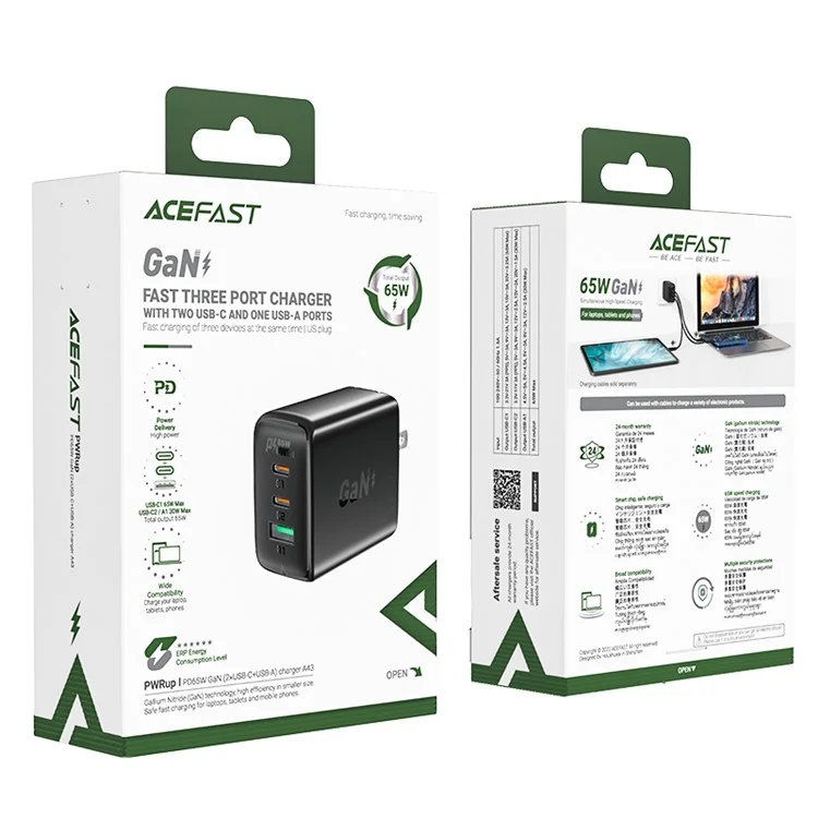 ACEFAST A43 PD 65W Portable GaN Charger 2 Type-C + USB-A Power Adapter, US Plug - Black