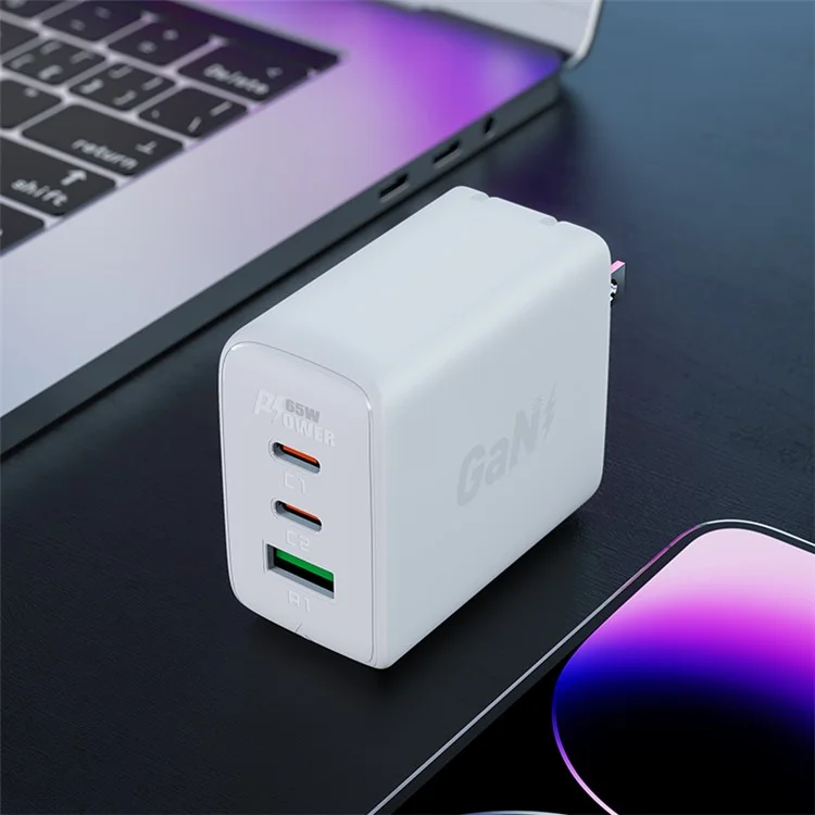 ACEFAST A43 PD 65W Portable GaN Charger 2 Type-C + USB-A Power Adapter, US Plug - White