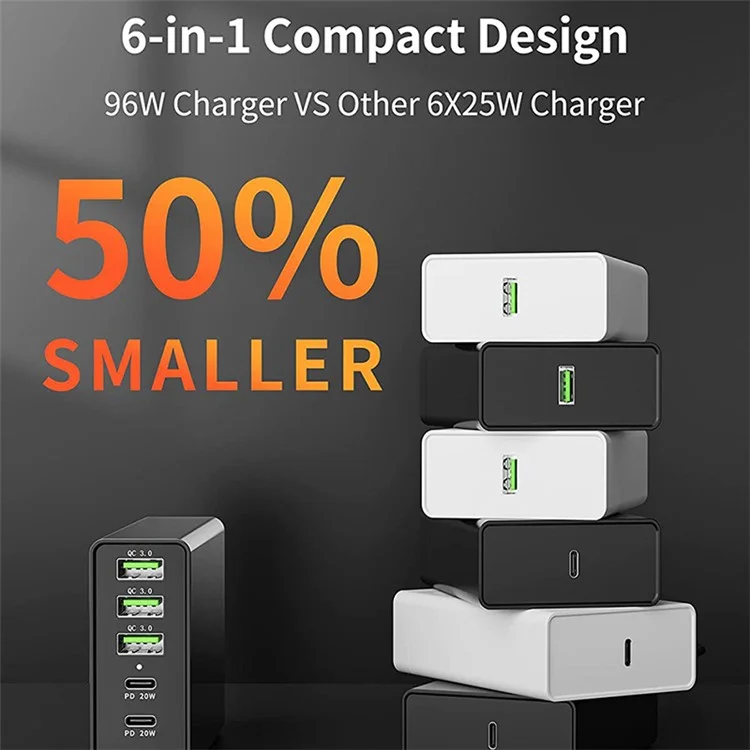 96W 6-Port Desktop USB Charging Station with 3 Type-C Ports + 3 USB-A Ports Multi-port PD Fast Charger for iPhone 13 / 12 Pro Max / iPad Series / Samsung Galaxy (CE Certified) - EU Plug