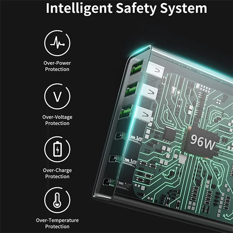 96W 6-портовая Настольная Зарядная Станция USB с 3 Портами Type-C + 3 USB-A Ports Multipt PD Fast Charger Для Iphone 13 / 12 Pro Max / Серия iPad / Samsung Galaxy (сертификация Ce) - ес