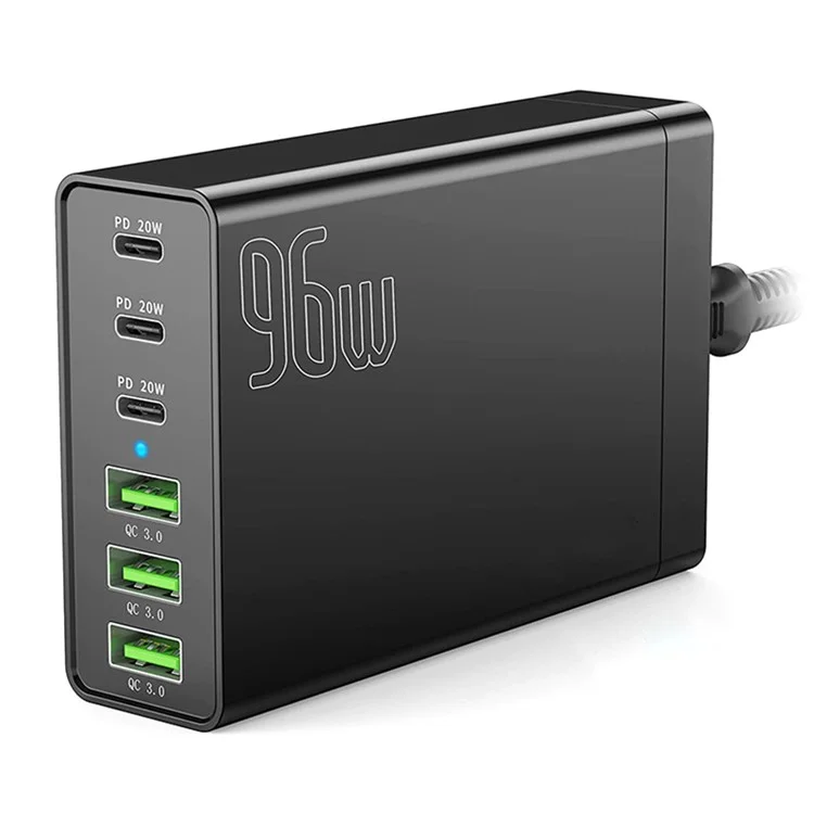 96W 6-Port Desktop USB Charging Station with 3 Type-C Ports + 3 USB-A Ports Multi-Port PD Fast Charger (CE Certified) - UK Plug