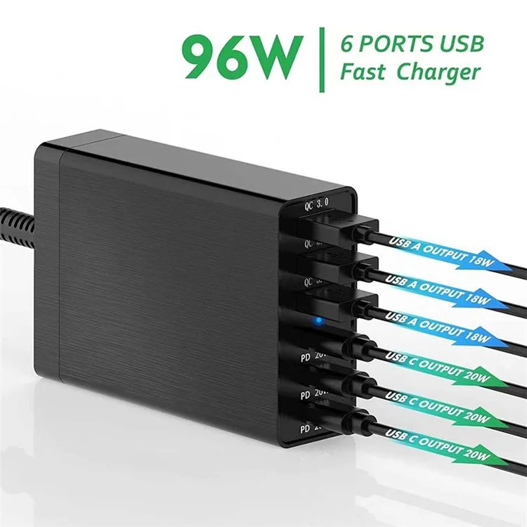 96W 6-Port Desktop USB Charging Station with 3 Type-C Ports + 3 USB-A Ports Multi-Port PD Fast Charger (CE Certified) - UK Plug
