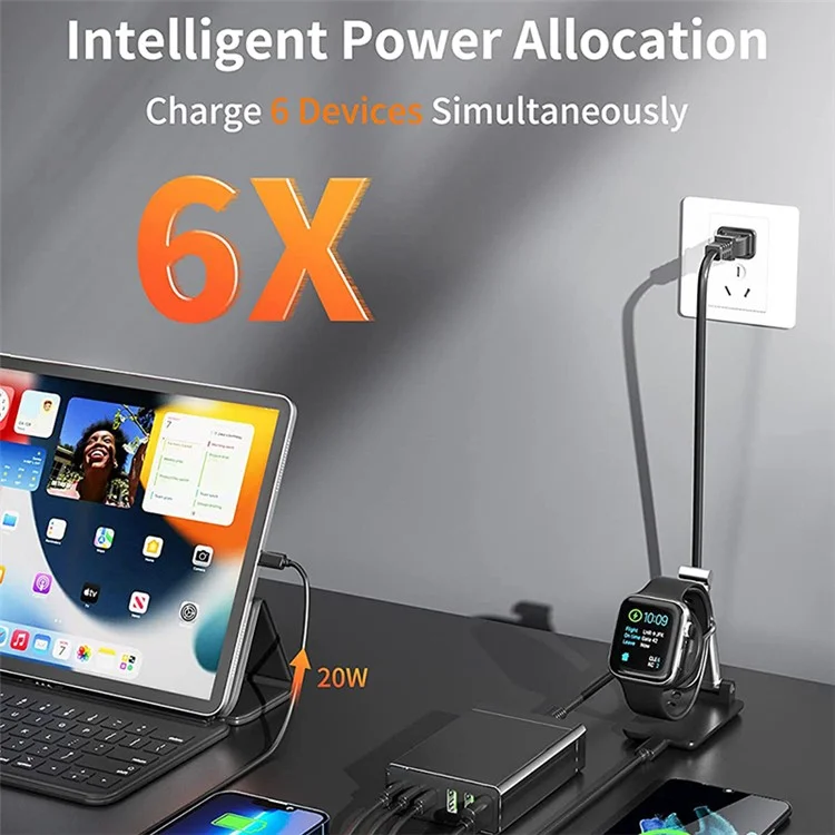 96W 6-Port Desktop USB Charging Station with 3 Type-C Ports + 3 USB-A Ports Multi-Port PD Fast Charger (CE Certified) - UK Plug