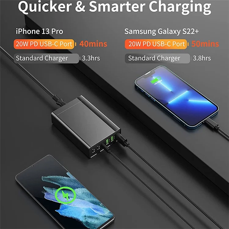96W 6-Port Desktop USB Charging Station with 3 Type-C Ports + 3 USB-A Ports Multi-Port PD Fast Charger (CE Certified) - UK Plug